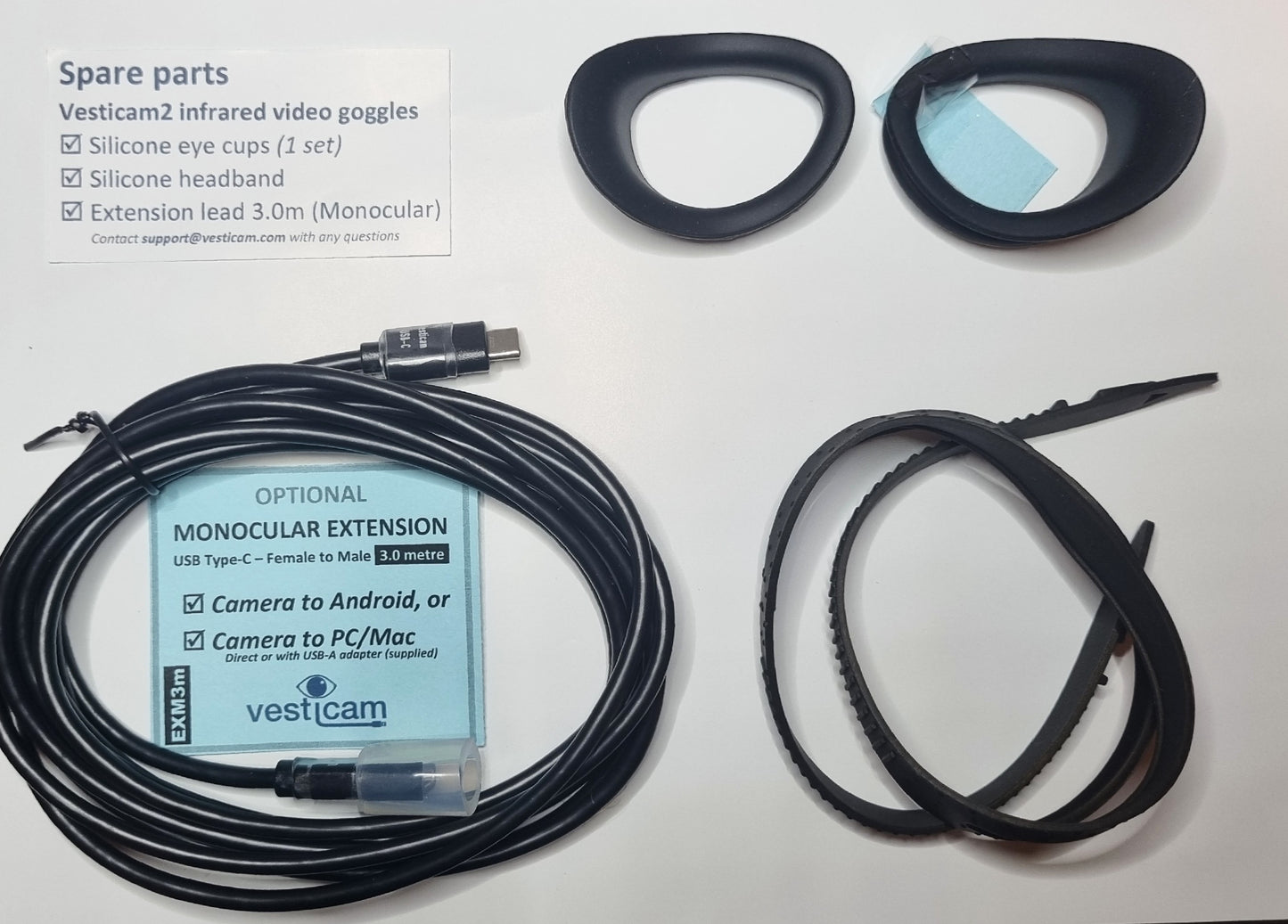 Vesticam2 Spare Part Kit - Eye Cups (1 Set) + Replacement Silicone Headband + Data Extension Lead (Monocular) 3m