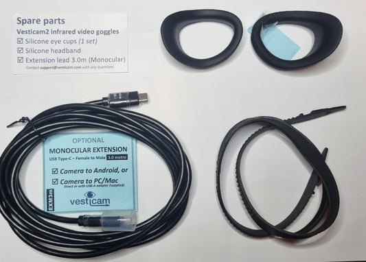 Vesticam2 Spare Part Kit - Eye Cups (1 Set) + Replacement Silicone Headband + Data Extension Lead (Monocular) 3m